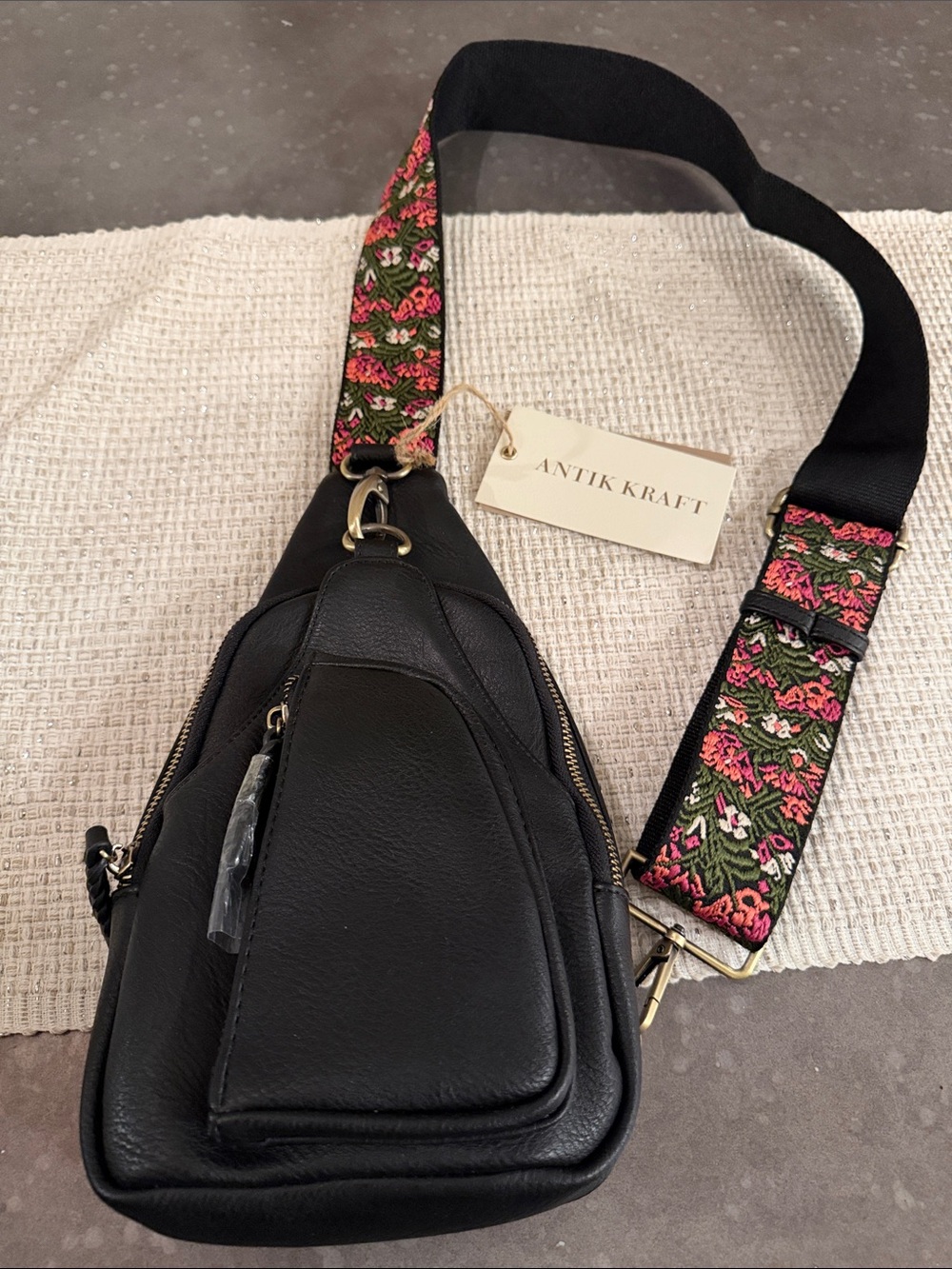 Antik Kraft Black Leather Crossbody Bag with Floral Embroidered Strap